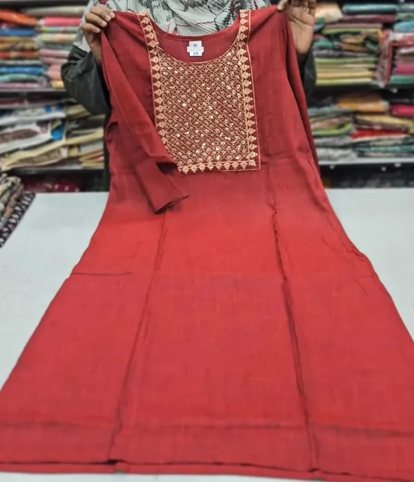 Dual Tone Cotton Zari Embroidery Straight Kurti with Side Cut |SD41